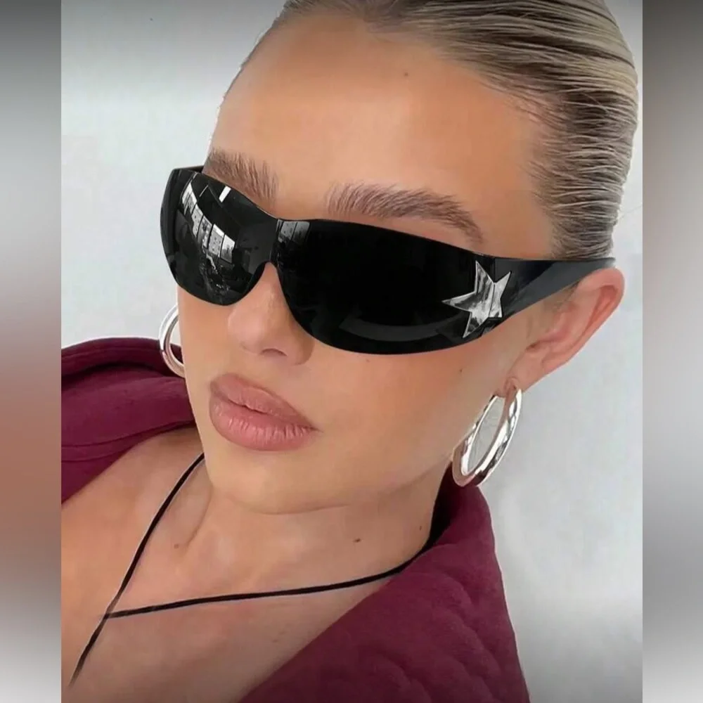 Stylish Black Wrap Around Sunglasses with Star Detail